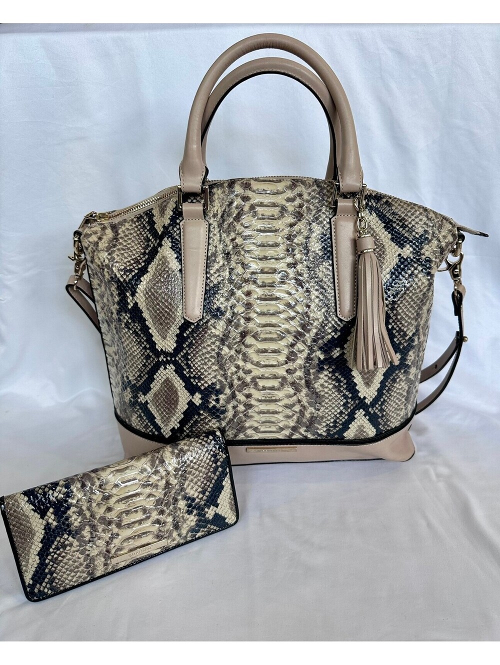 Brahmin Duxbury Satchel + Matching Wallet Snake Embossed Leather Handbag Set